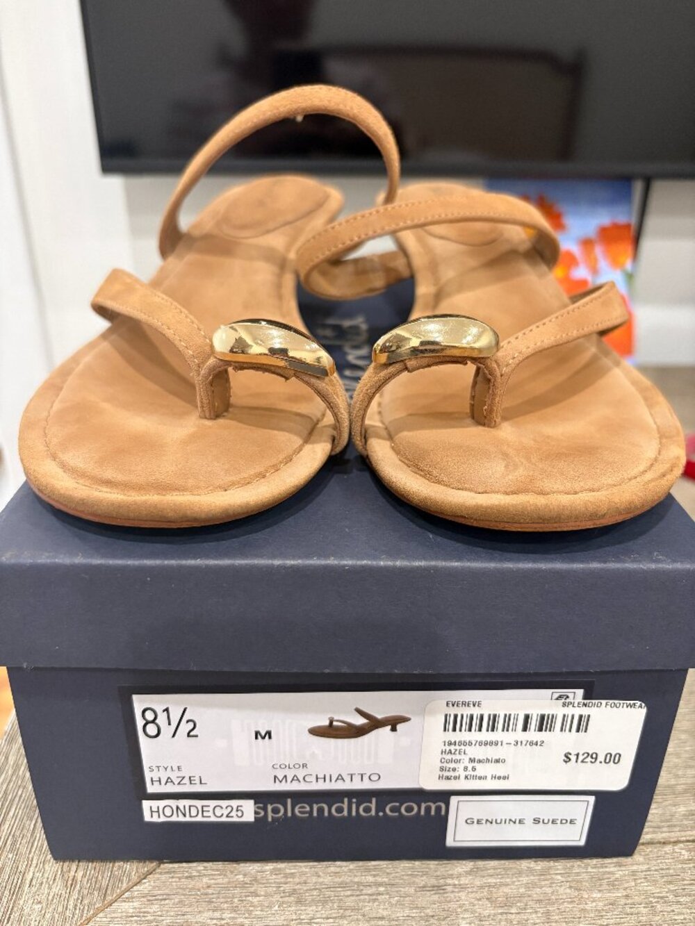 Splendid Hazel Kitten Heel - Tan Suede Toe-Post Sandals with Gold Detail